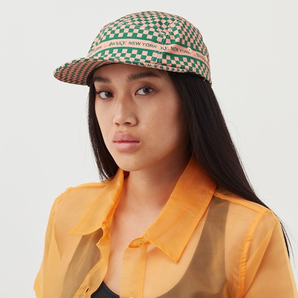NEW AWAKE NY CHECKERED LOGO 5 PANEL CAP Green Khaki Peach